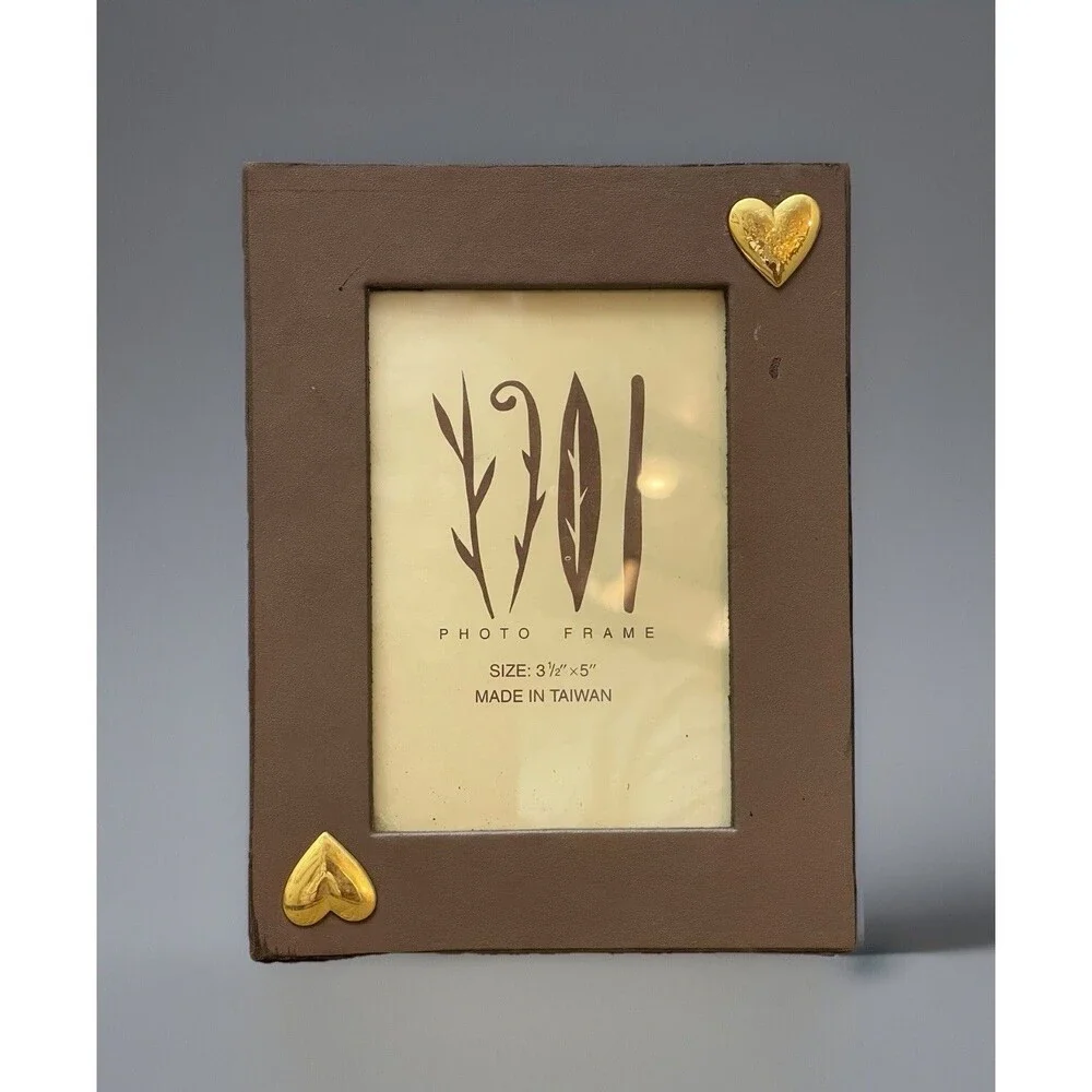 Vintage Brown Wood-Look Frame W Appliqué Metal Hearts 6.5